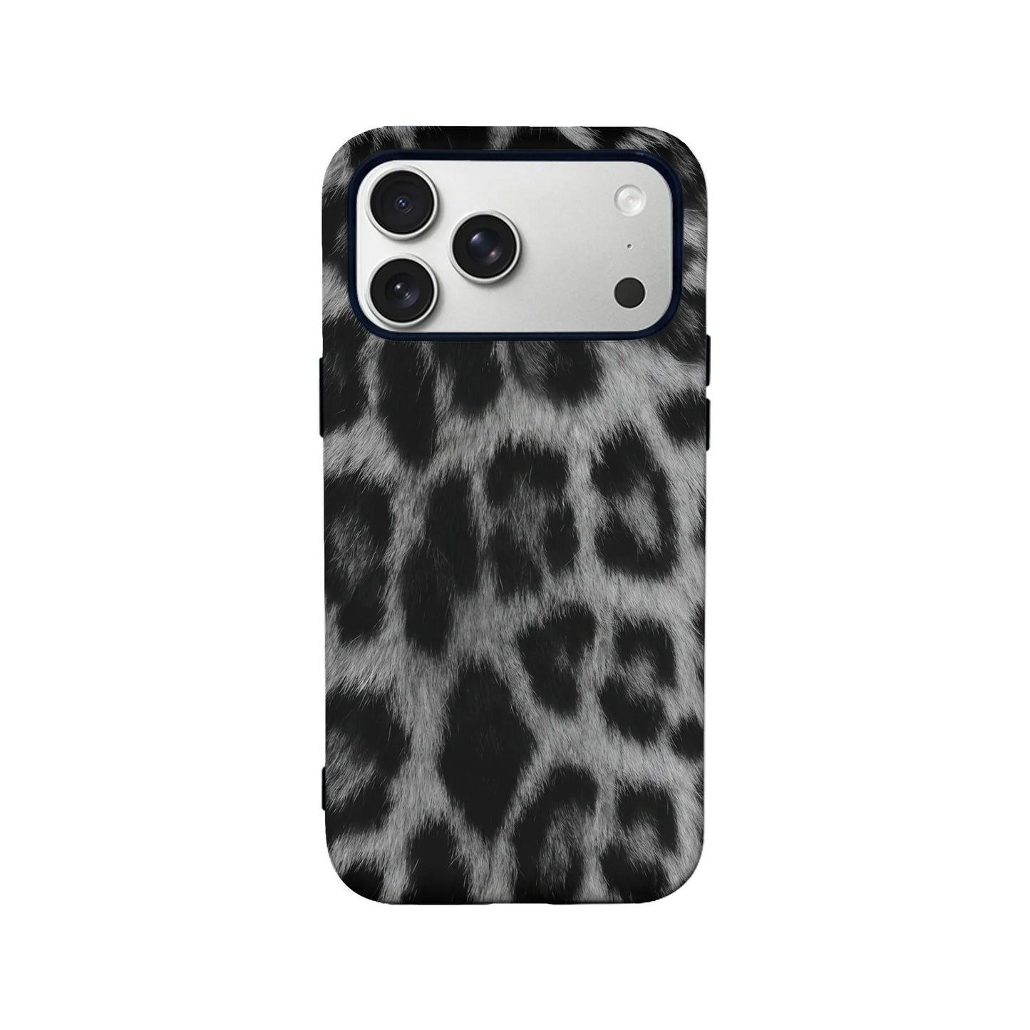 Black and gray leopard print plastic phone case shown from rear product angle