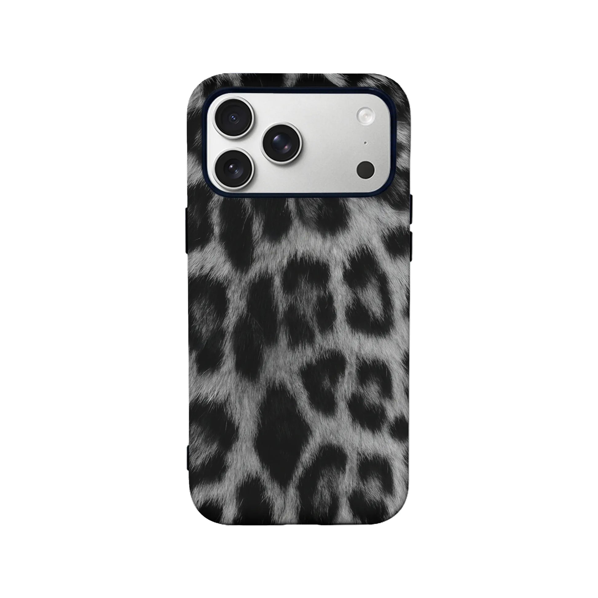 Black and gray leopard print plastic phone case shown from rear product angle