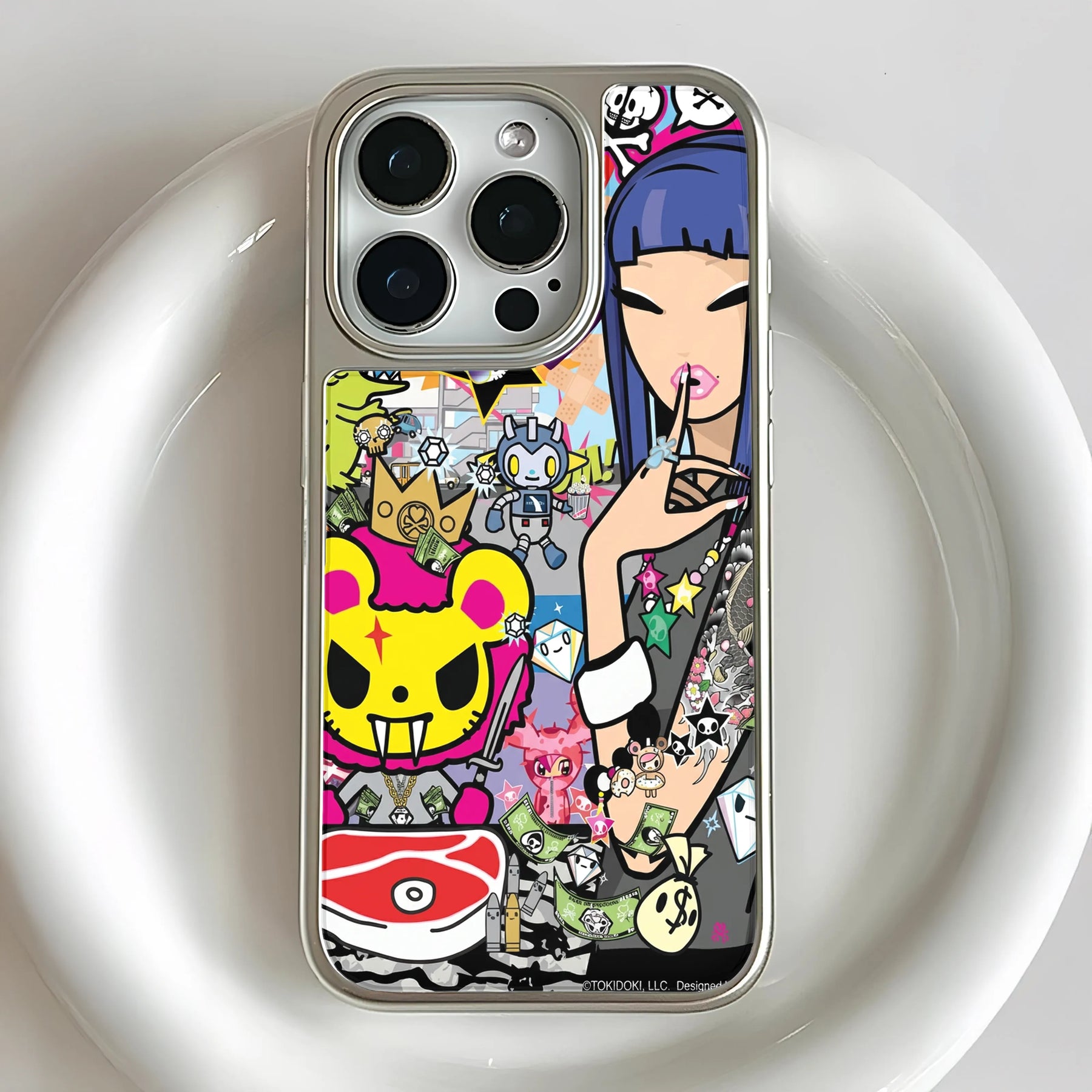 Funda holográfica cromada para teléfono: diseño gráfico urbano colorido