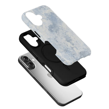 Blue marbled phone case with black inner shell shown in exploded angle