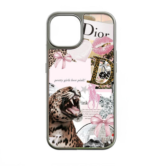 Holographic Chrome Phone Case - Leopard & Pink Collage Design