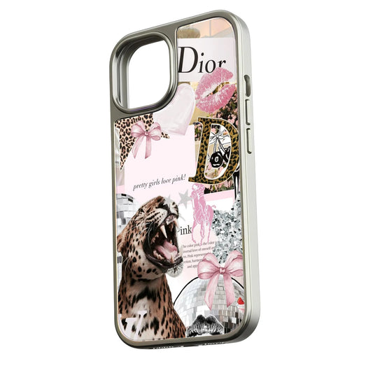Holographic Chrome Phone Case - Leopard & Pink Collage Design
