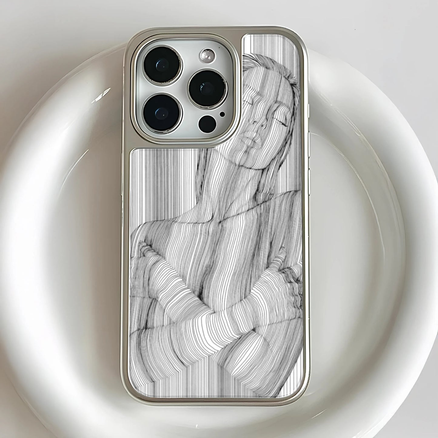 Holographic Chrome Phone Case for iPhone 14 - Striking Line Art Design