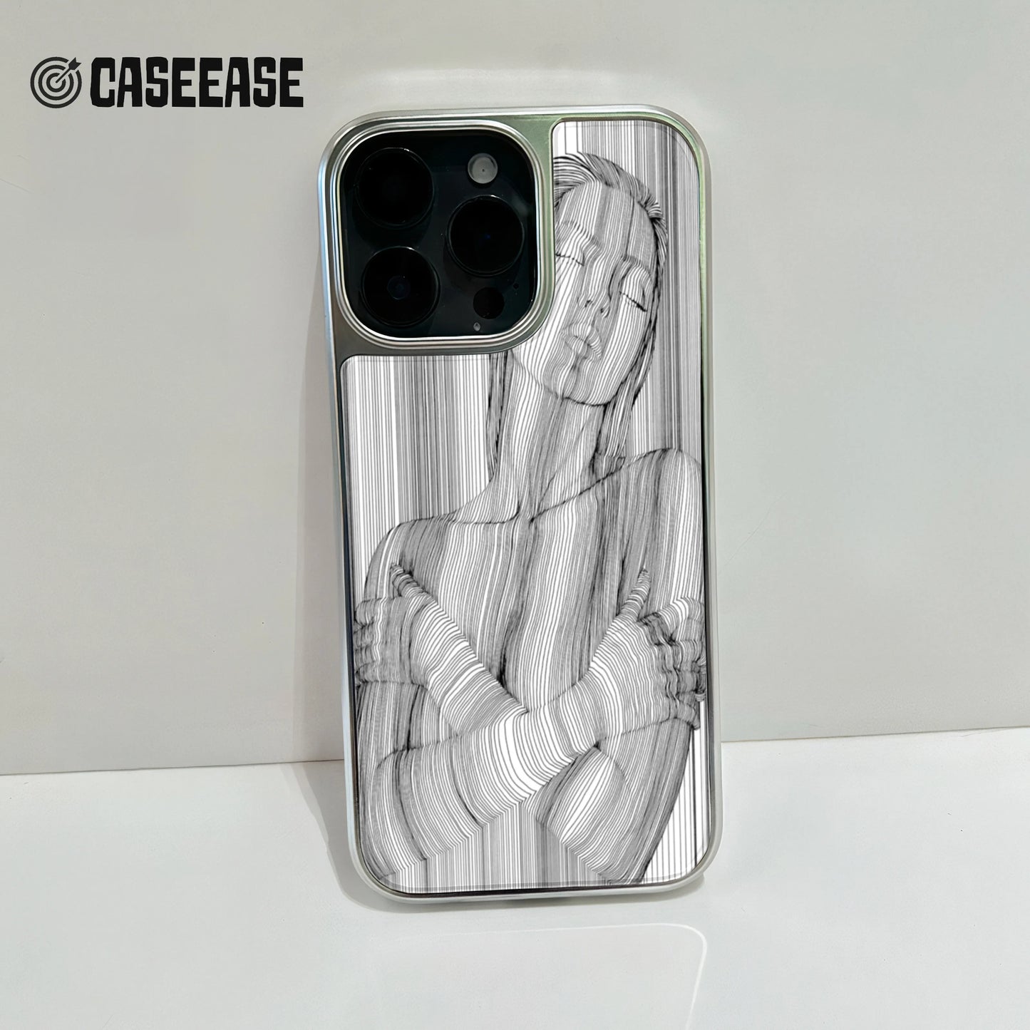 Holographic Chrome Phone Case for iPhone 14 - Striking Line Art Design
