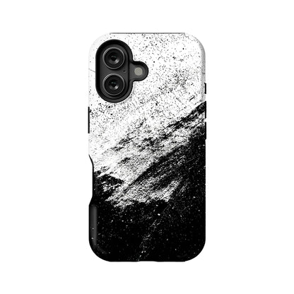 Black and white splatter pattern phone case, rear angle with dual camera cutout