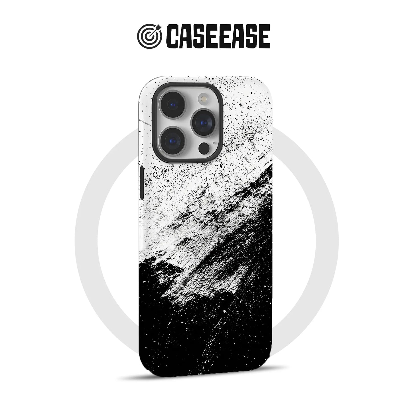 Black and white splatter iPhone camera case shown from rear for Shopify product page
