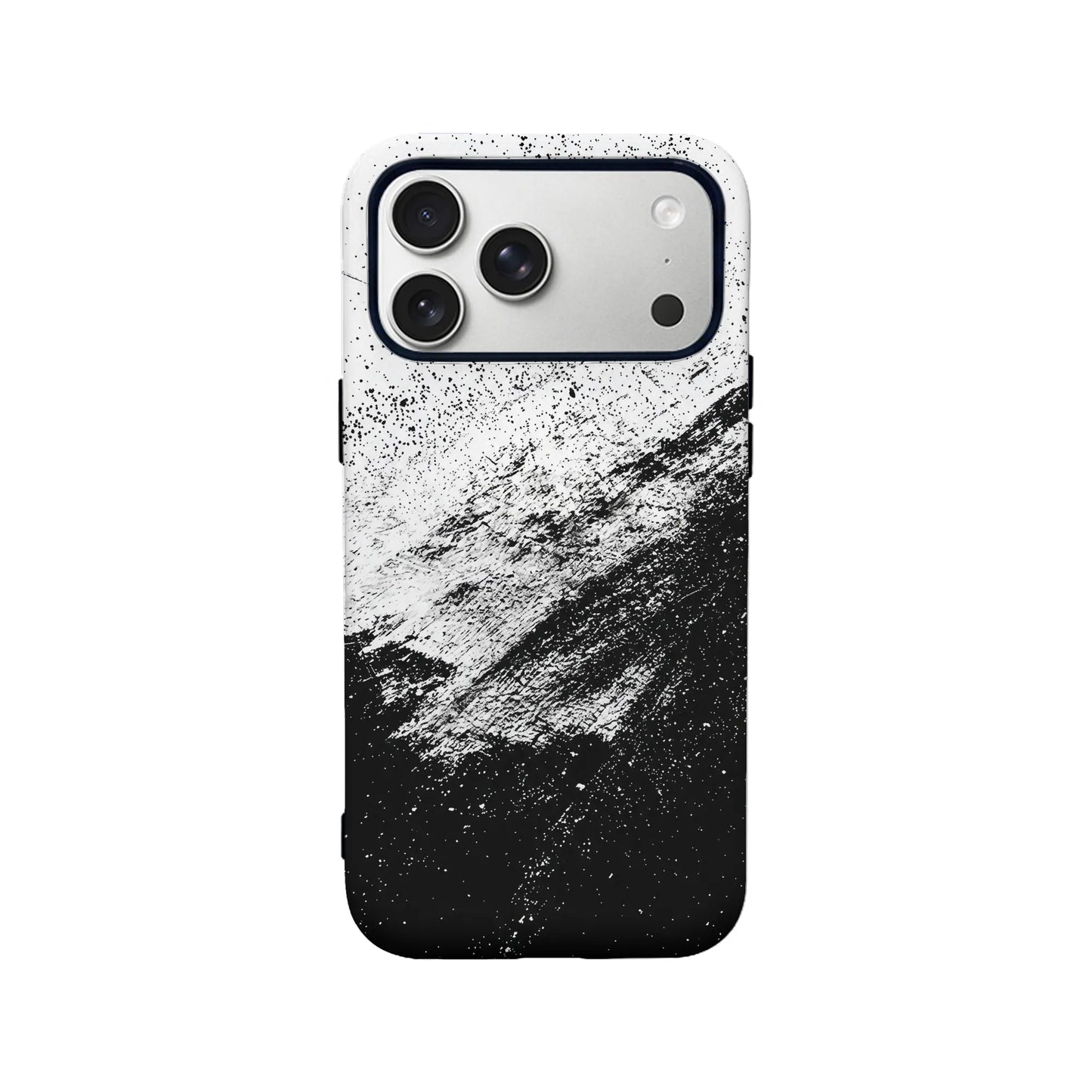 Black and white splatter plastic phone case shown from rear on smartphone
