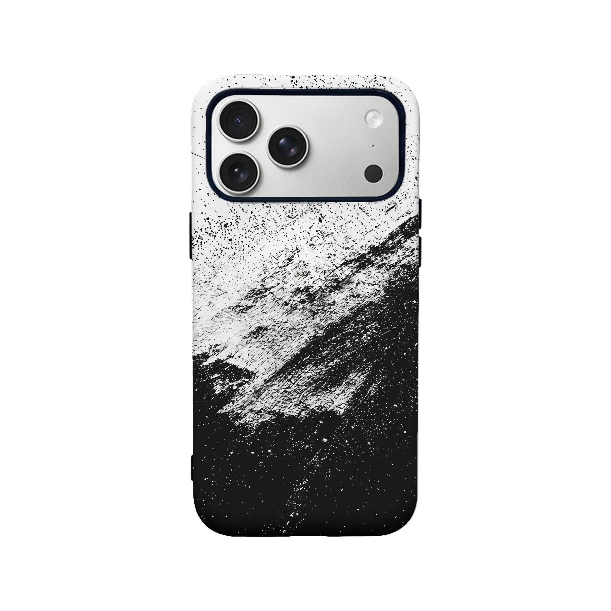 Black and white splatter plastic phone case shown from rear on smartphone