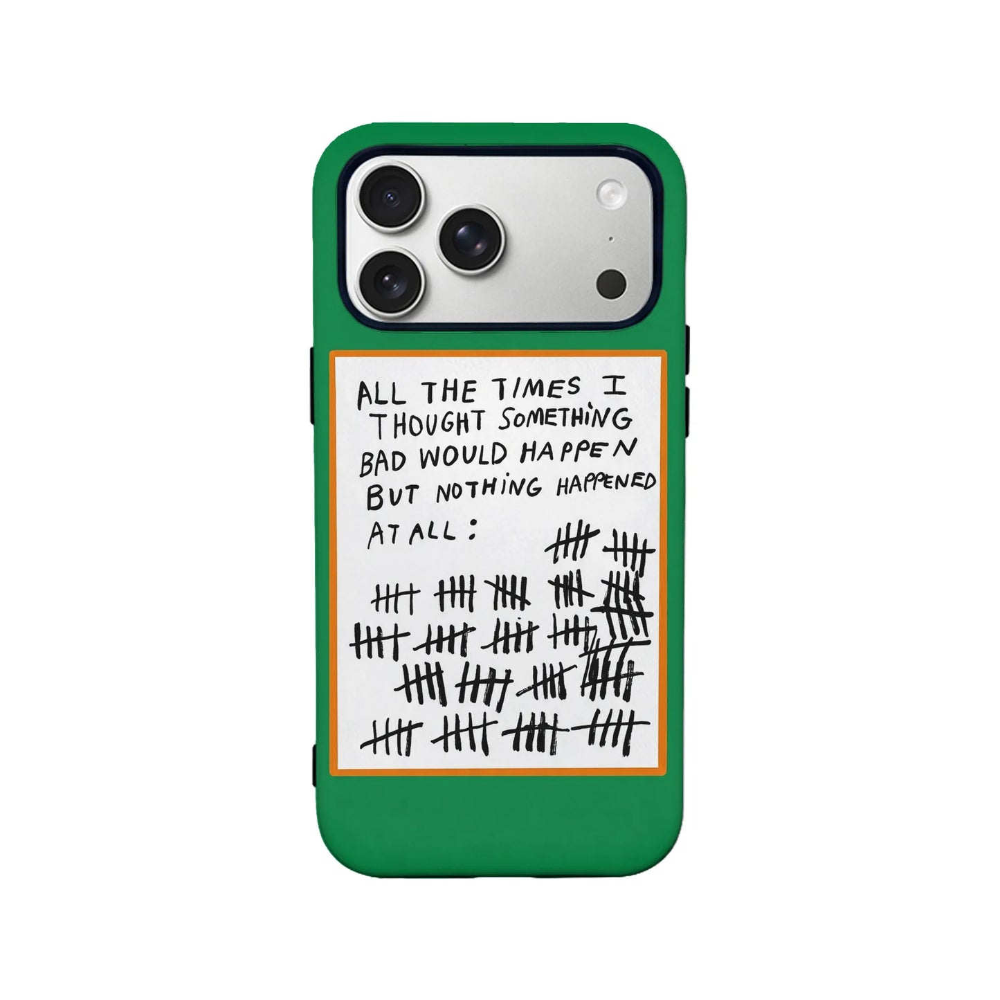 Green phone case with white handwritten tally note design, rear product view