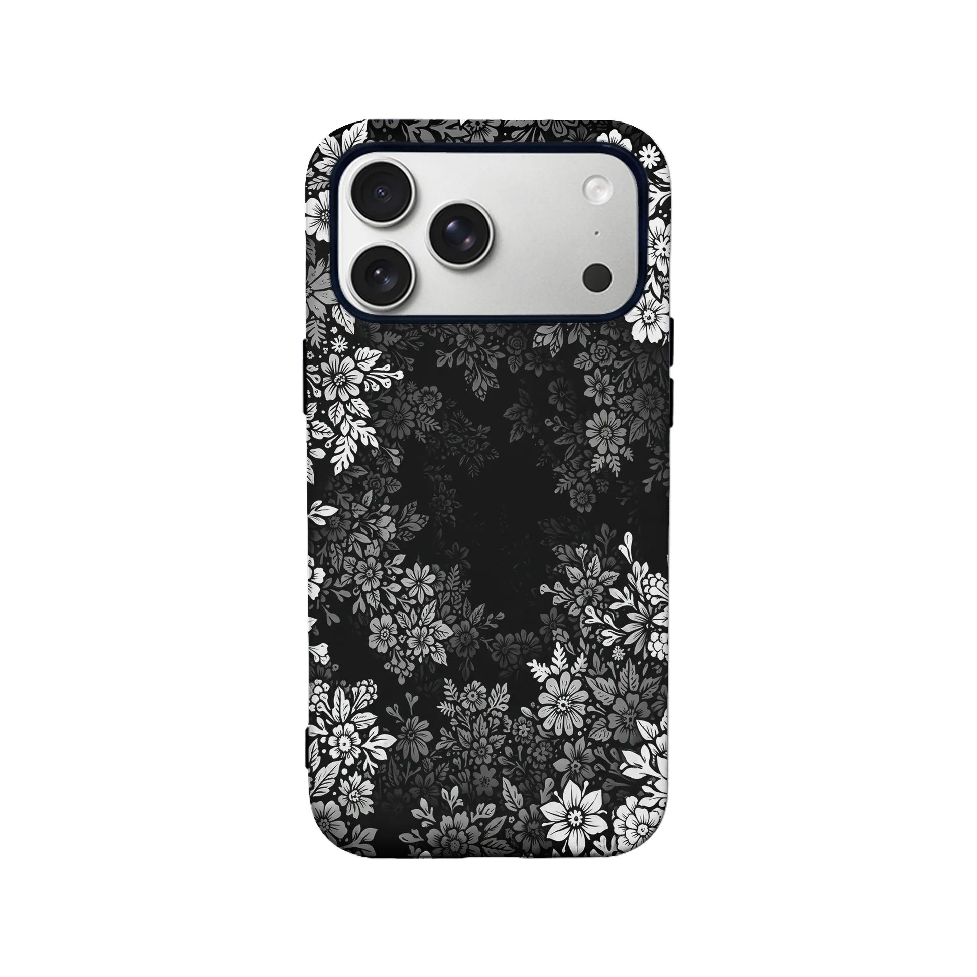 Black floral phone case shown from back with white flower pattern and camera cutout