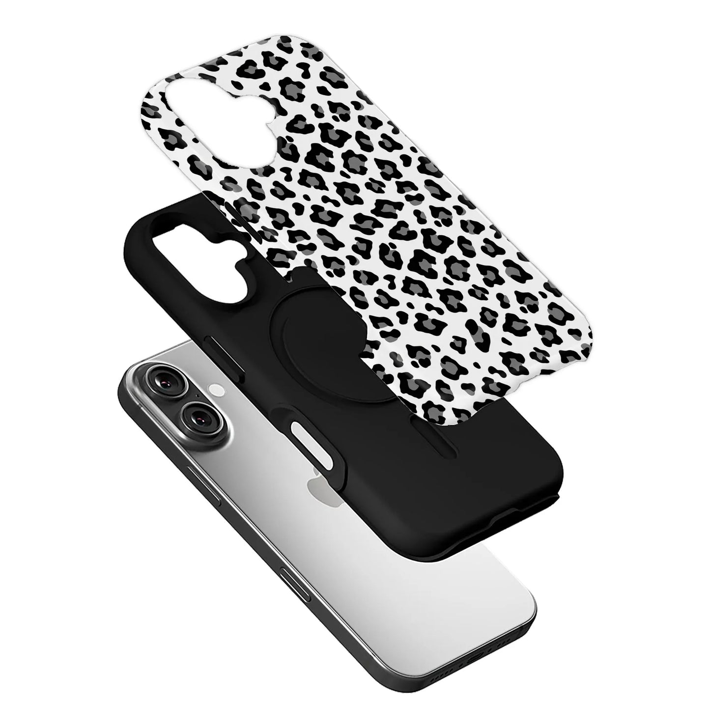 Black and white leopard print phone case shown angled above smartphone with layered back cover