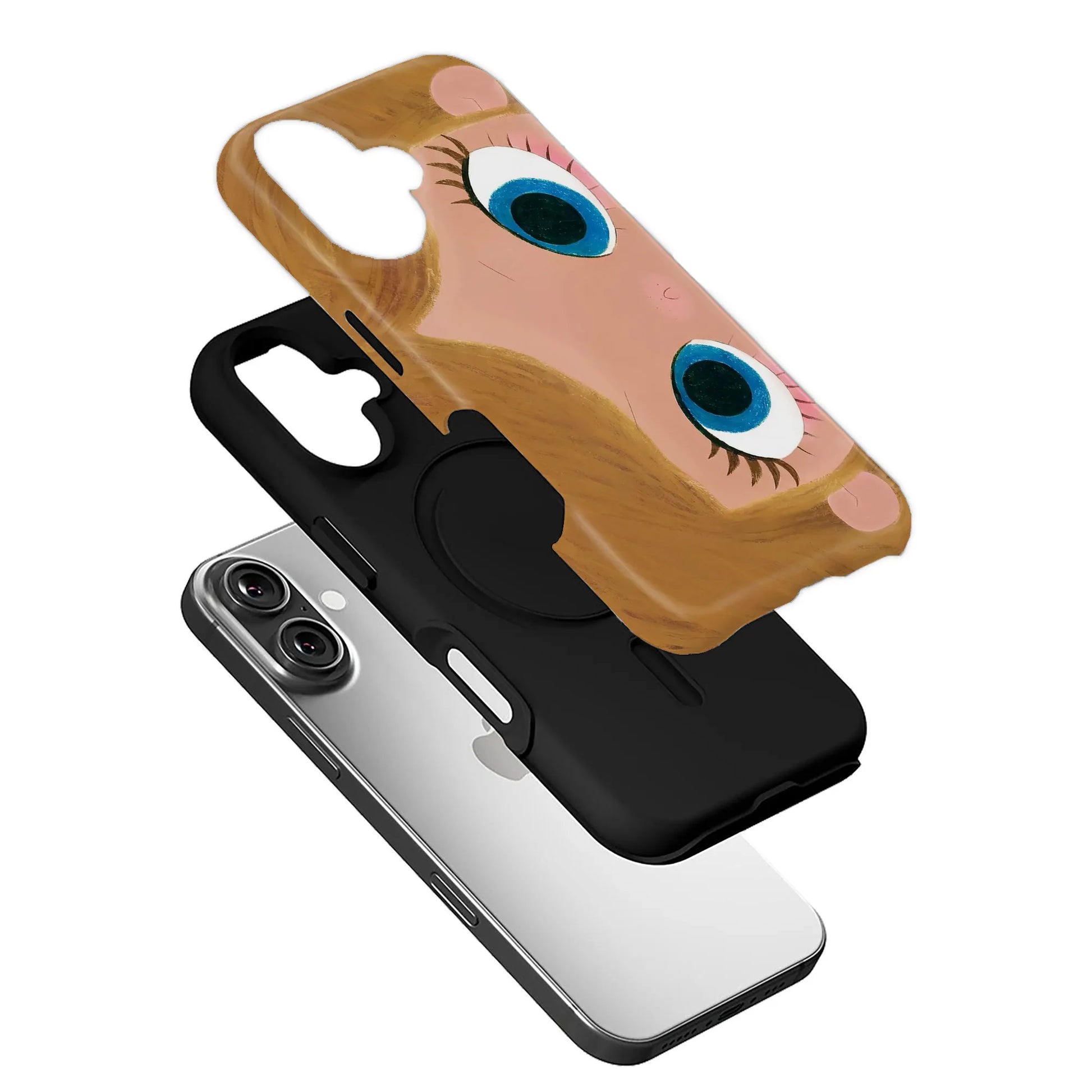 Tan and pink illustrated face phone case shown angled above black liner and smartphone