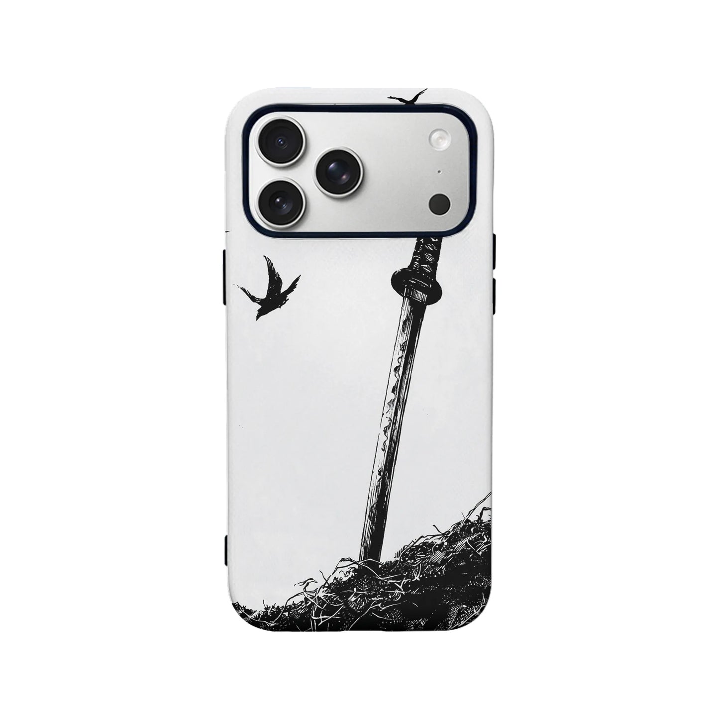 White plastic phone case with black sword and bird illustration, rear product view