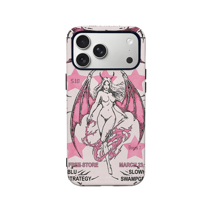 Pale pink gothic phone case with black winged woman illustration, rear view