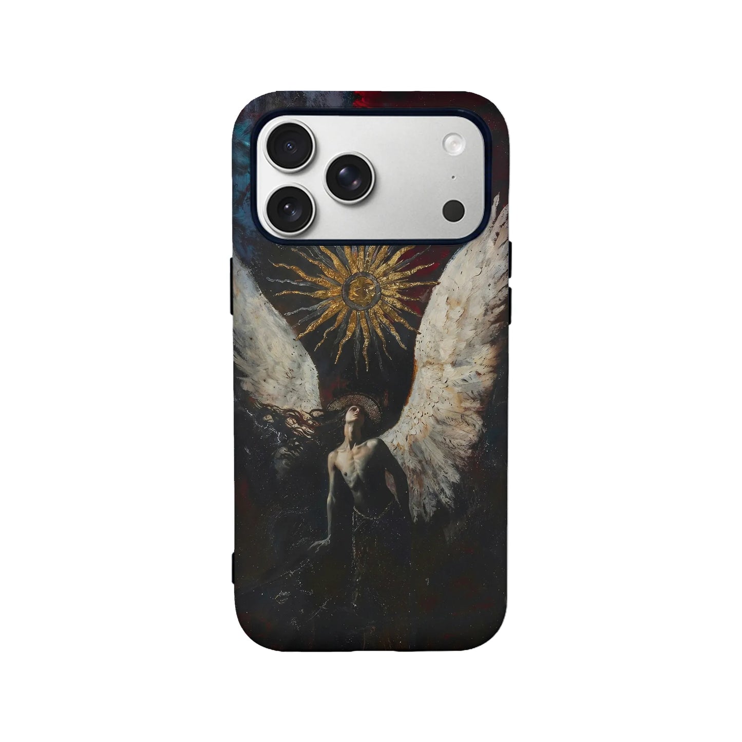 Dark angel artwork phone case with white wings and gold sun, rear angle