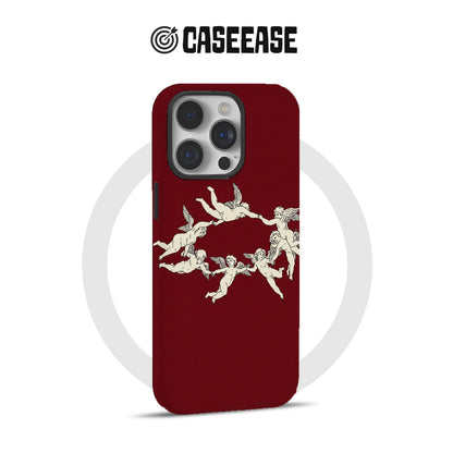 Burgundy iPhone case with white cherub design, rear product angle for Shopify store