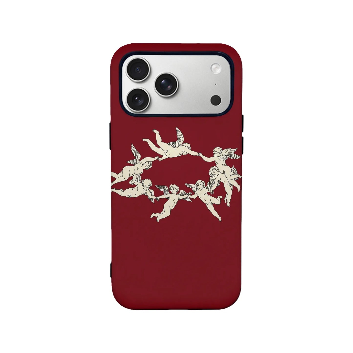 Red iPhone case with cream cherub artwork, rear product view on white background