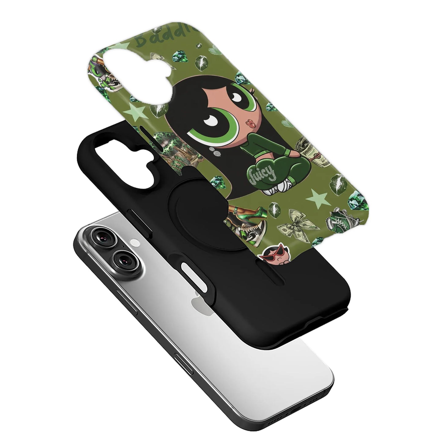 Green cartoon character phone case with black bumper shown angled above smartphone