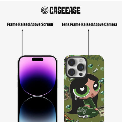 Green cartoon phone case front and rear close-up showing raised camera and screen frames