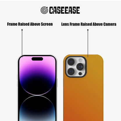 Orange CASEEASE phone case shown front and back with raised camera and screen frames