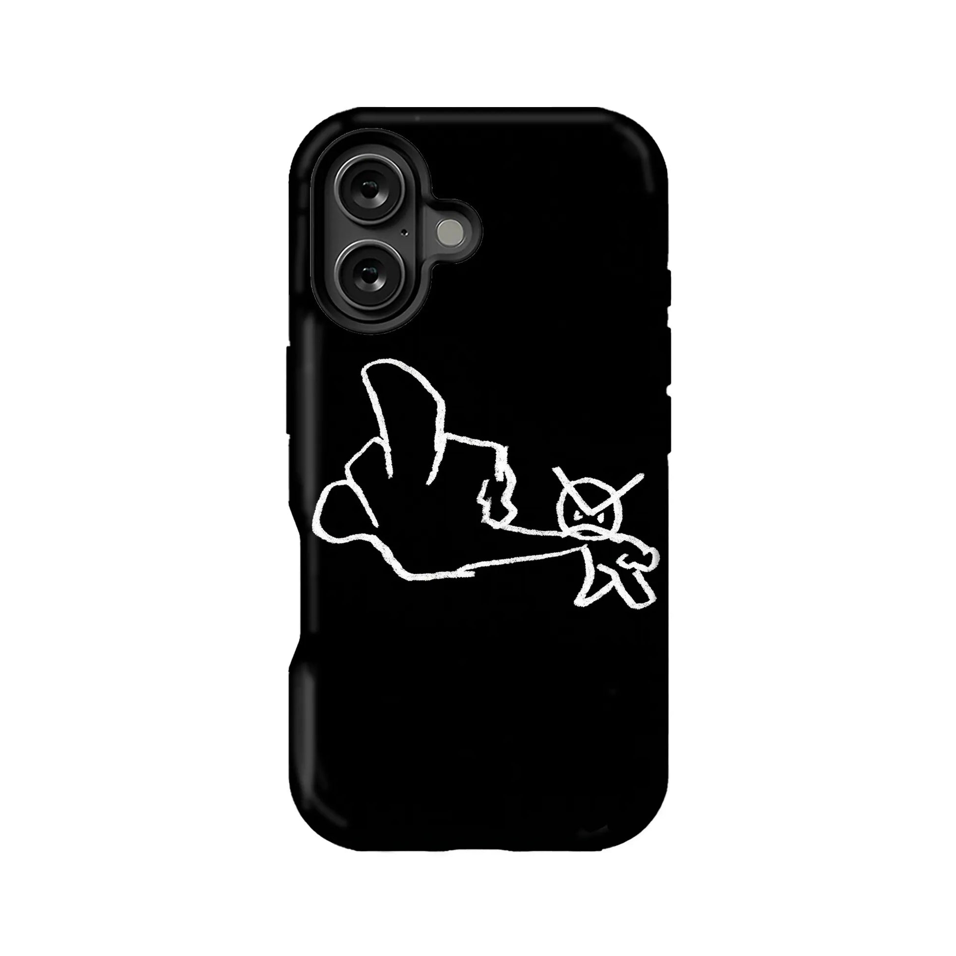 Black phone case with white abstract line art, rear view product display