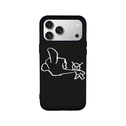 Black iPhone case with white sketch design, rear product angle with camera cutout