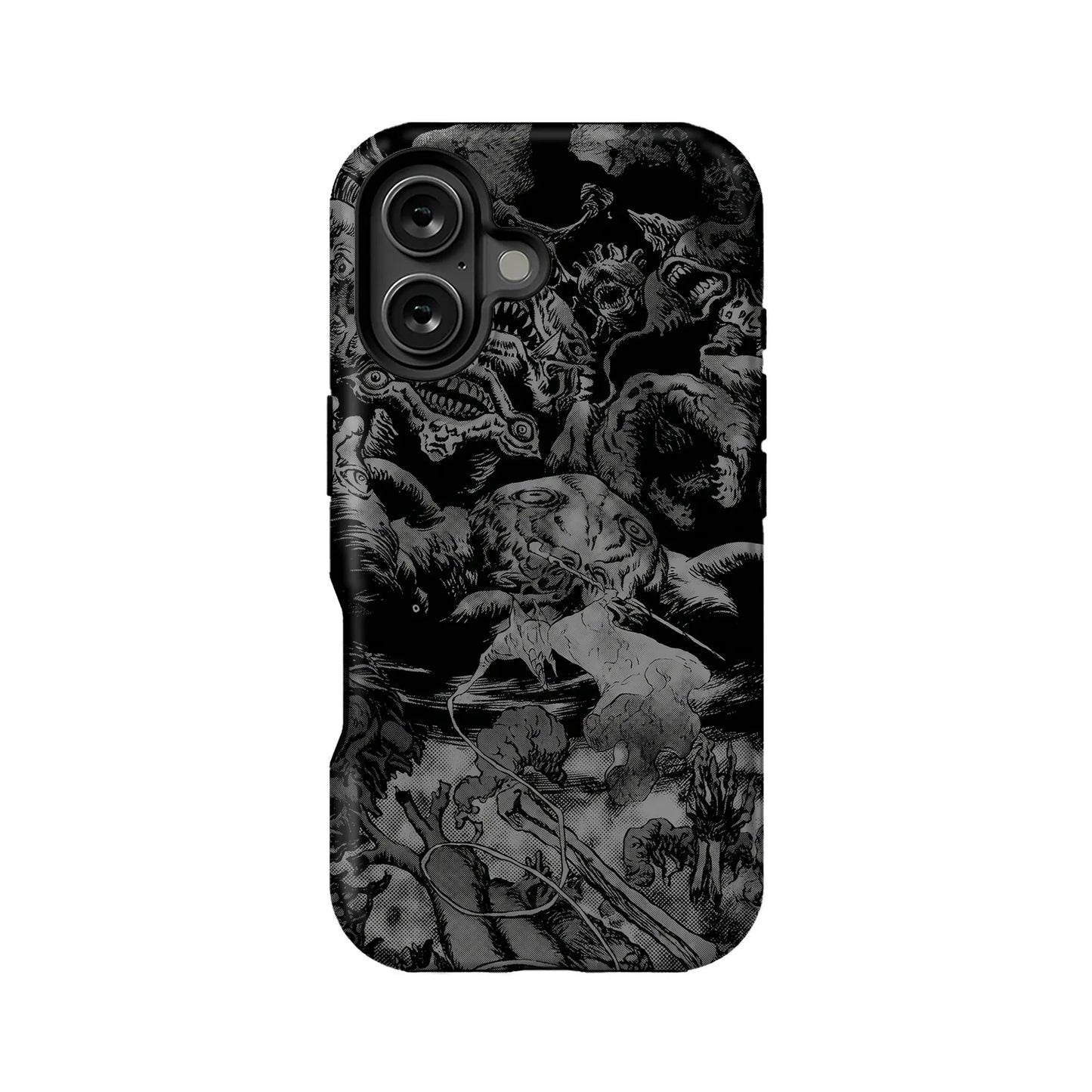 Black and gray manga horror phone case, back view with dual camera cutout