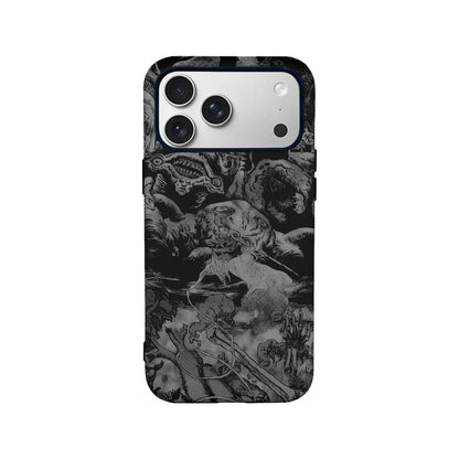 Black and gray manga-style phone case shown from back with camera cutout