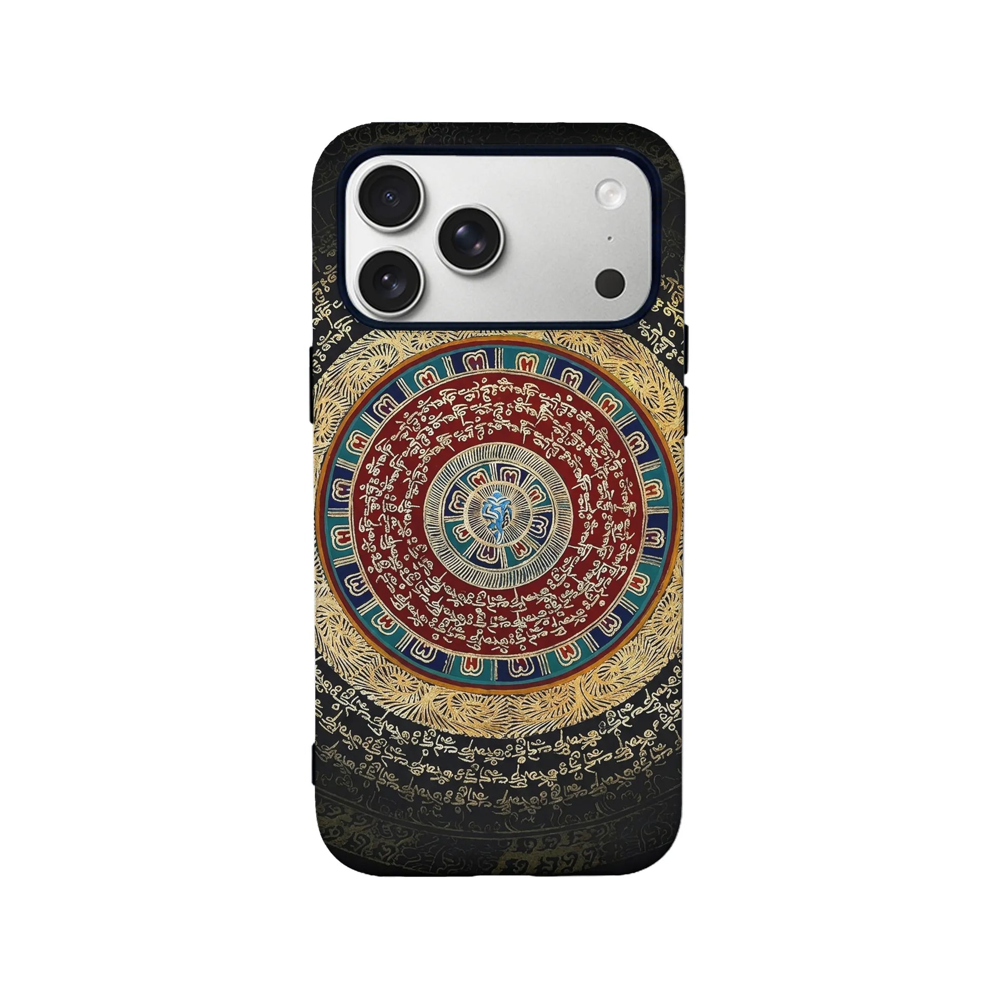 Black phone case with red and gold circular script design, rear product view