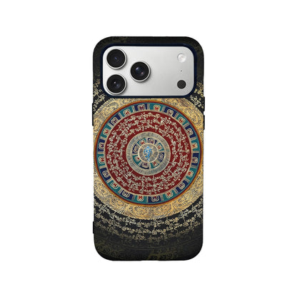 Black phone case with red and gold circular script design, rear product view