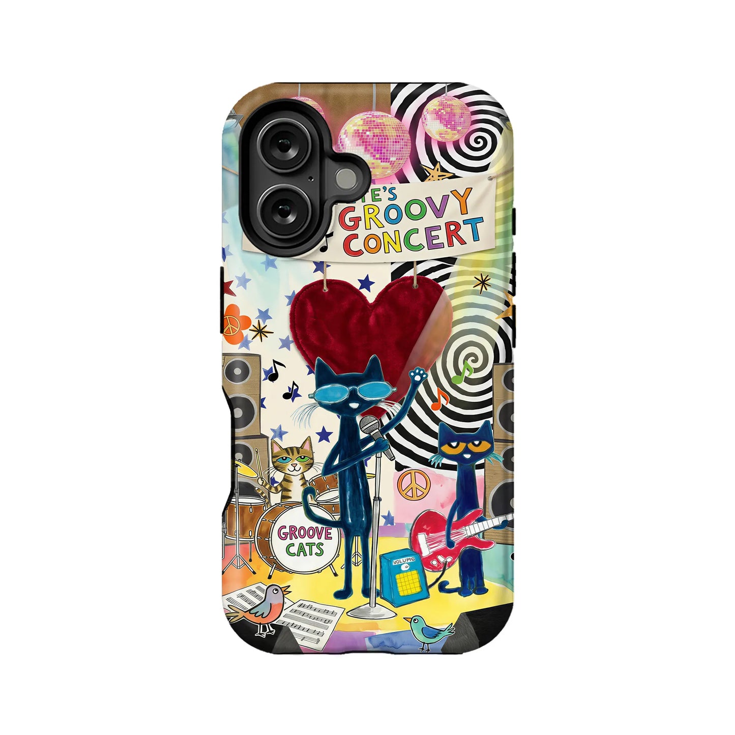 Colorful groovy cats concert illustrated phone case, back view with camera cutout
