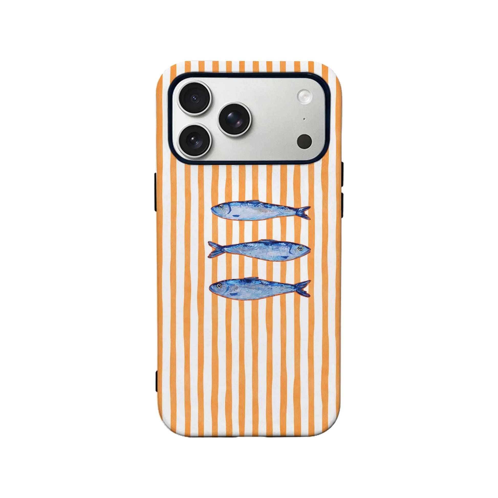 Orange and white striped phone case with blue fish design, shown from rear
