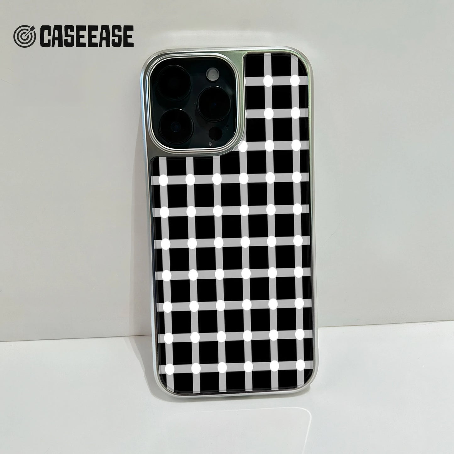 Funda holográfica cromada para iPhone 14 Pro - Diseño de lunares blancos y negros