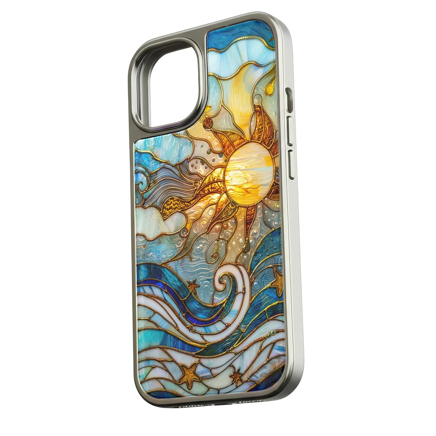 Holographic Chrome Sun & Waves Phone Case - Artistic Design