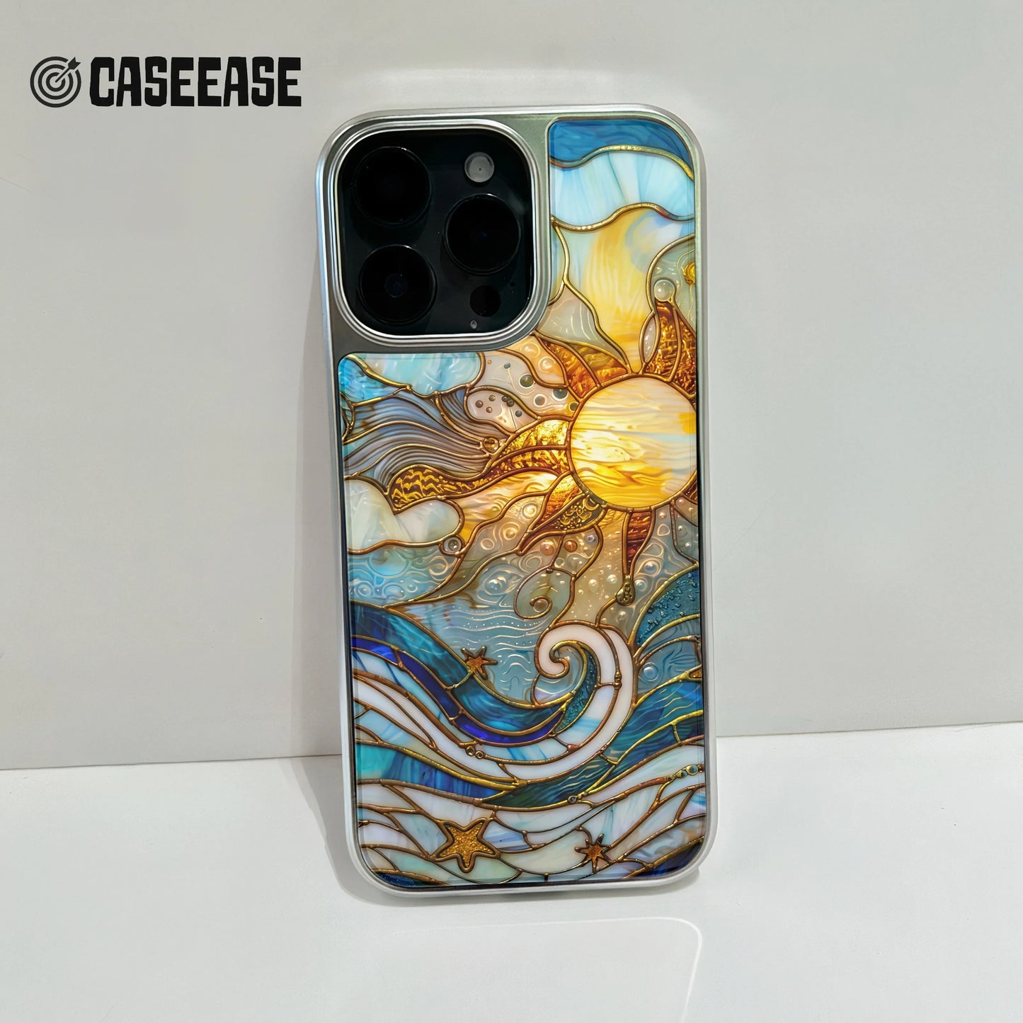 Holographic Chrome Sun & Waves Phone Case - Artistic Design