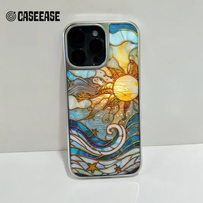 Holographic Chrome Sun & Waves Phone Case - Artistic Design