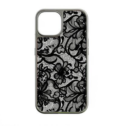 Funda para teléfono con encaje cromado holográfico - Elegante diseño floral negro
