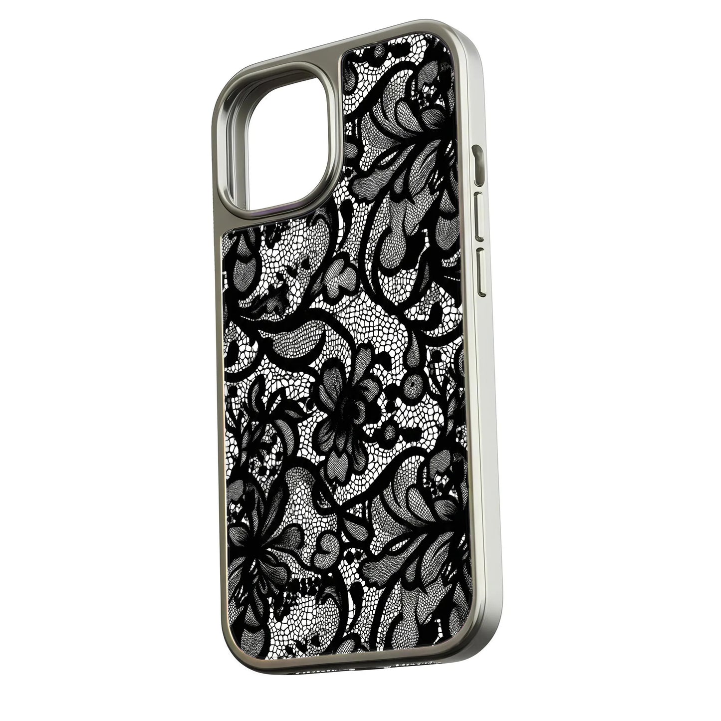 Funda para teléfono con encaje cromado holográfico - Elegante diseño floral negro