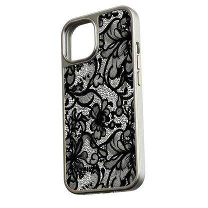 Funda para teléfono con encaje cromado holográfico - Elegante diseño floral negro