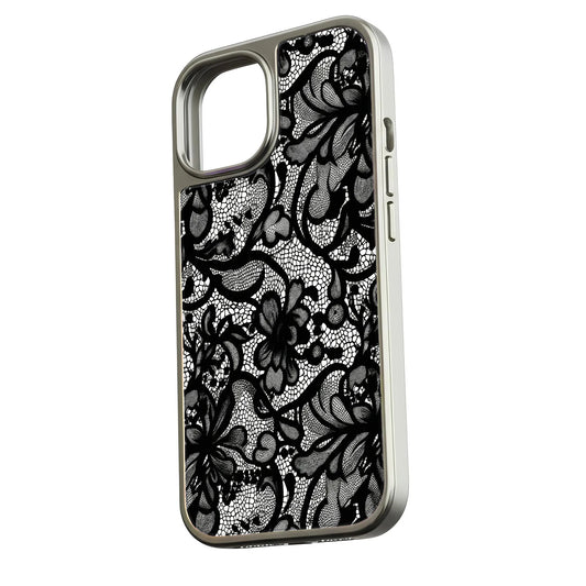 Holographic Chrome Lace Phone Case - Elegant Black Floral Design