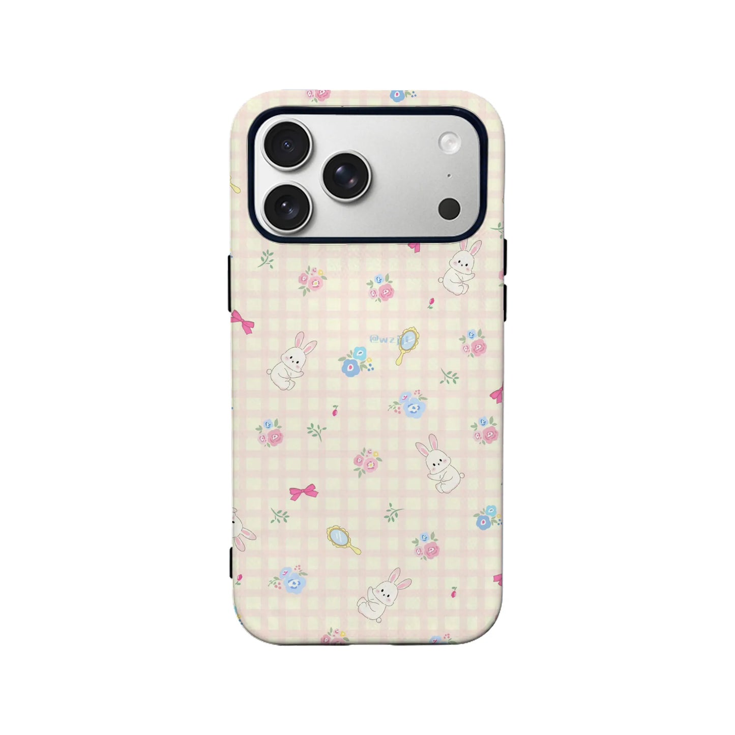 Pink Gingham Bunny Phone Case – Adorable Hand-Drawn Design
