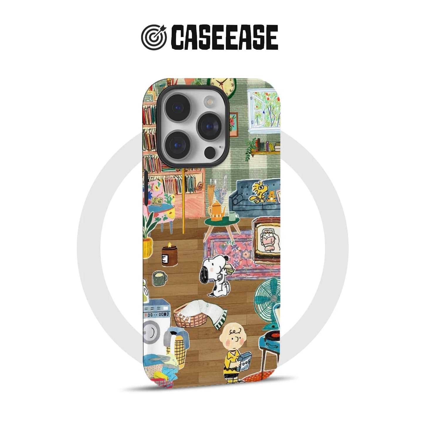 Cozy Snoopy cartoon iPhone cover with living room design and cute Woodstock details