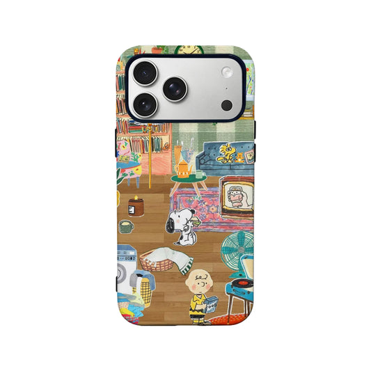 Cozy Snoopy cartoon iPhone cover with living room design and cute Woodstock details