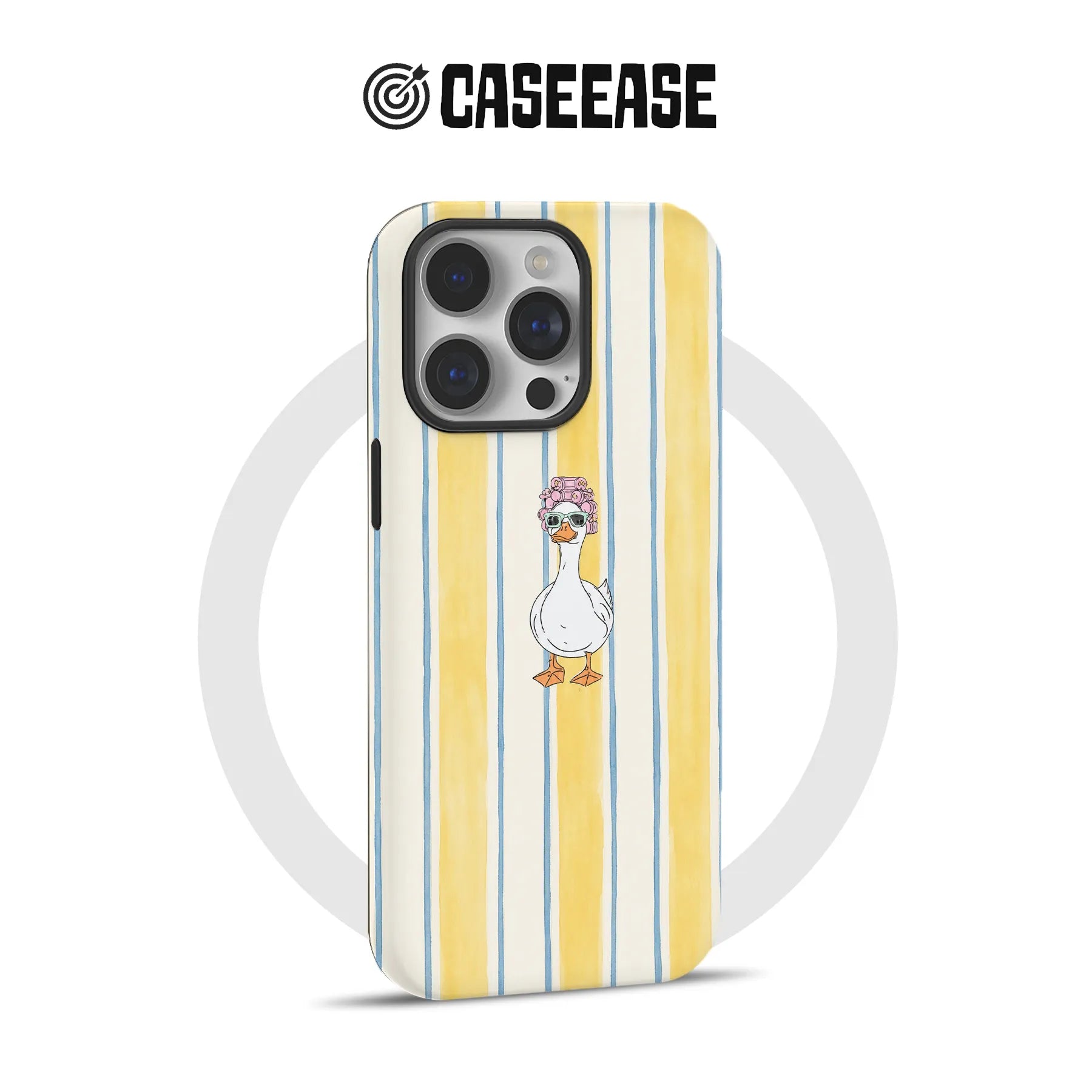 Yellow and cream striped phone case with duck illustration, rear angle product display