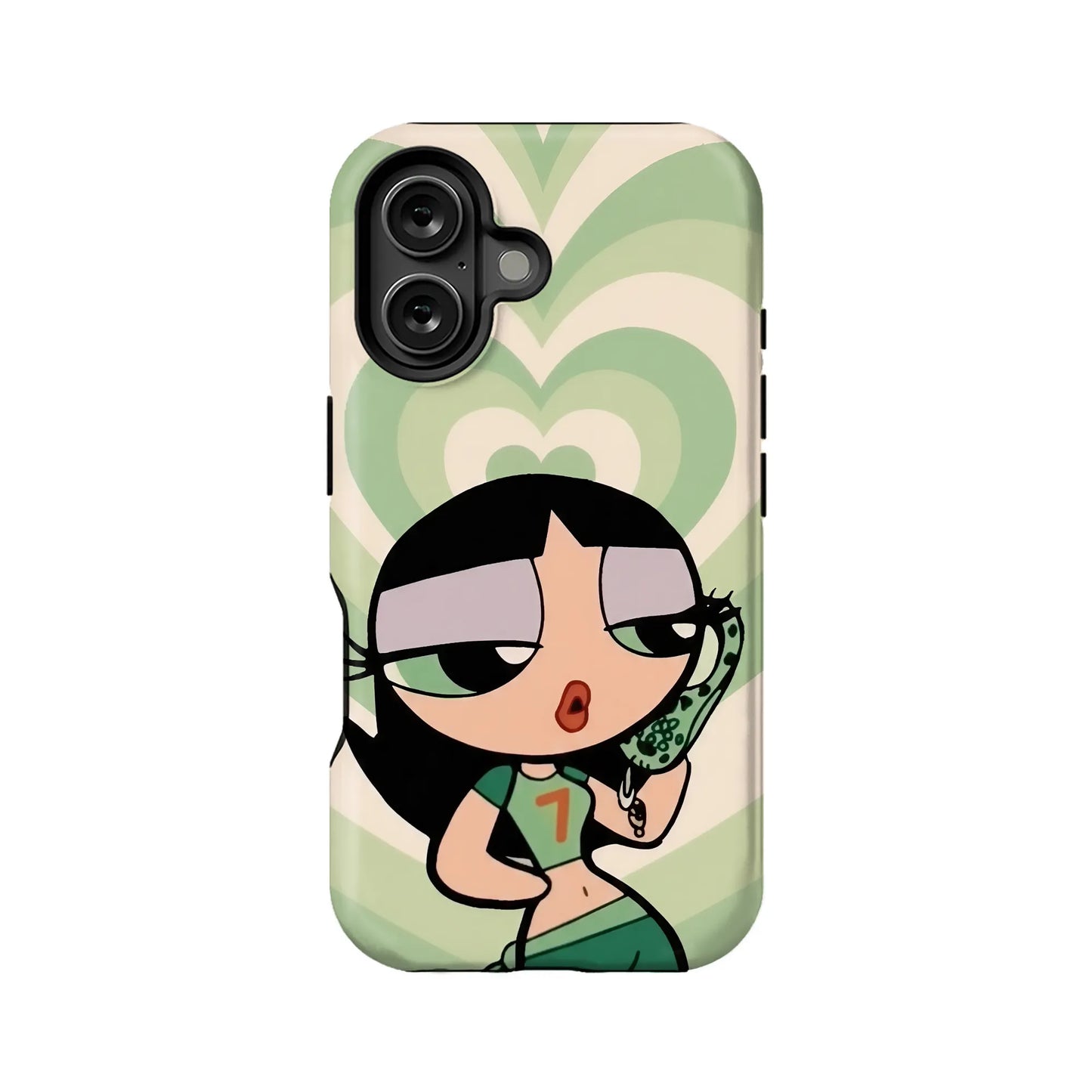 Funda para teléfono con corazones verdes inspirados en dibujos animados