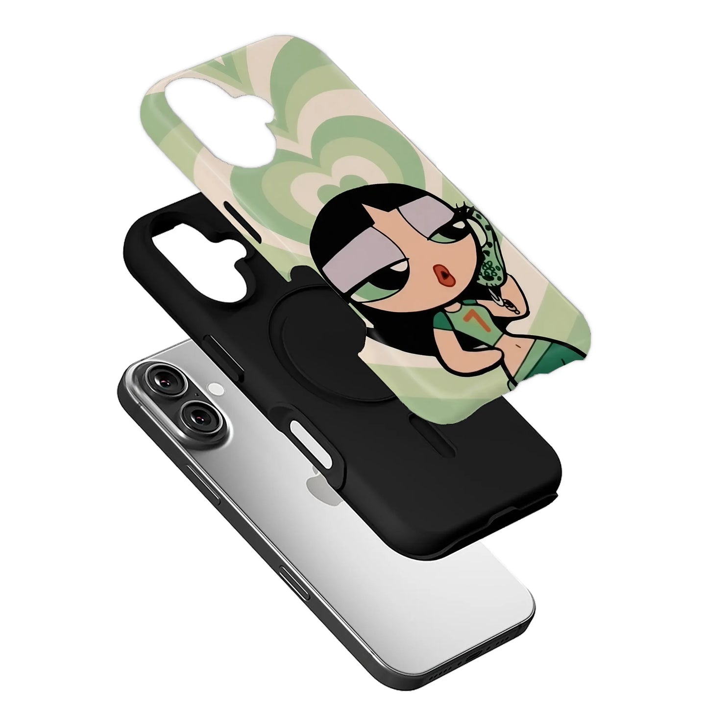 Funda para teléfono con corazones verdes inspirados en dibujos animados