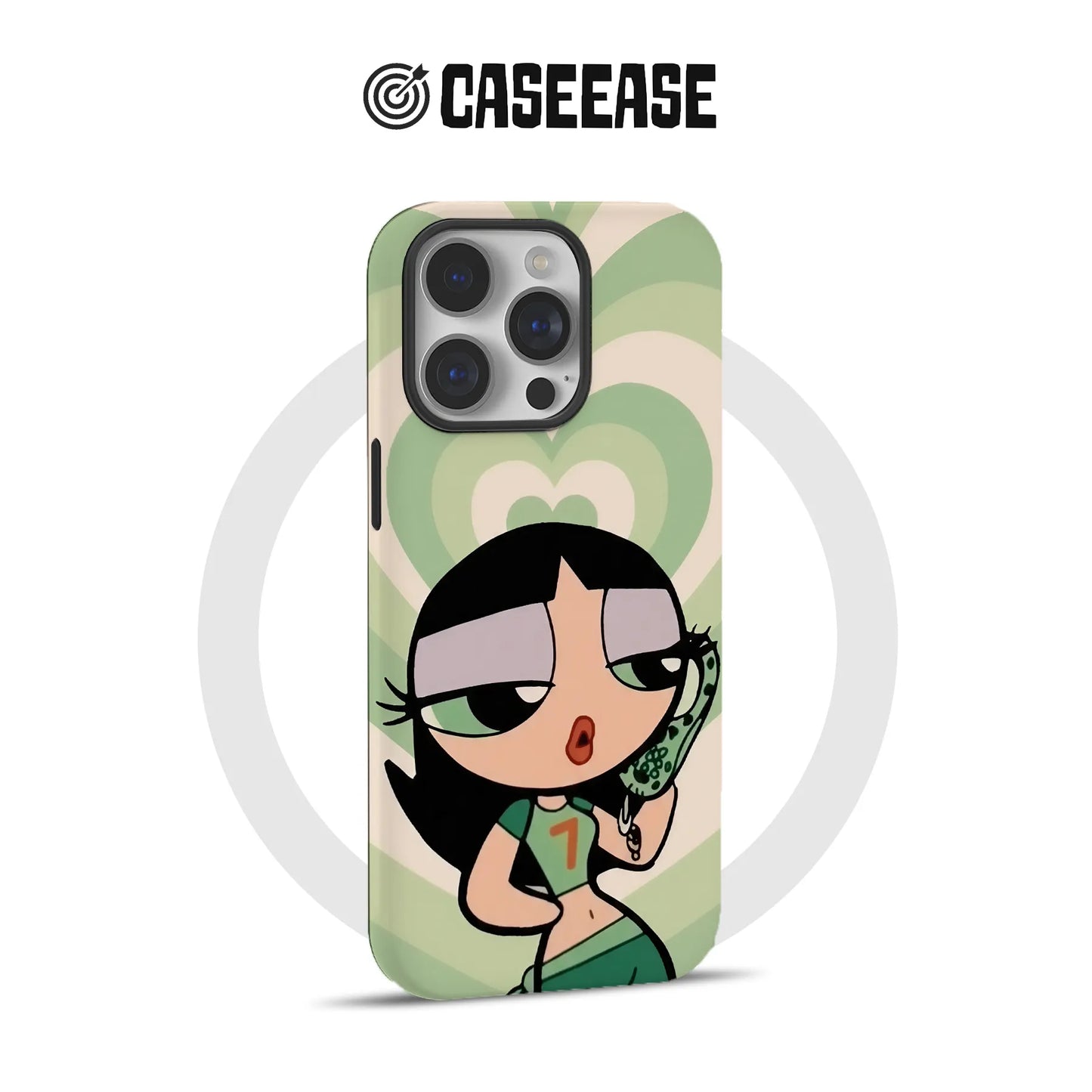 Funda para teléfono con corazones verdes inspirados en dibujos animados
