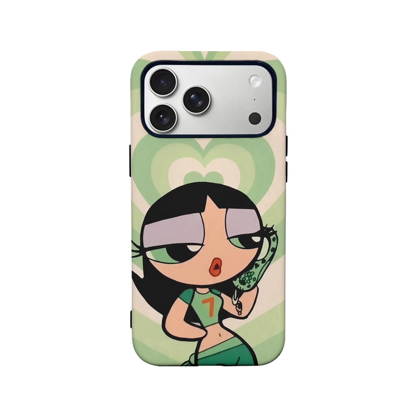 Funda para teléfono con corazones verdes inspirados en dibujos animados