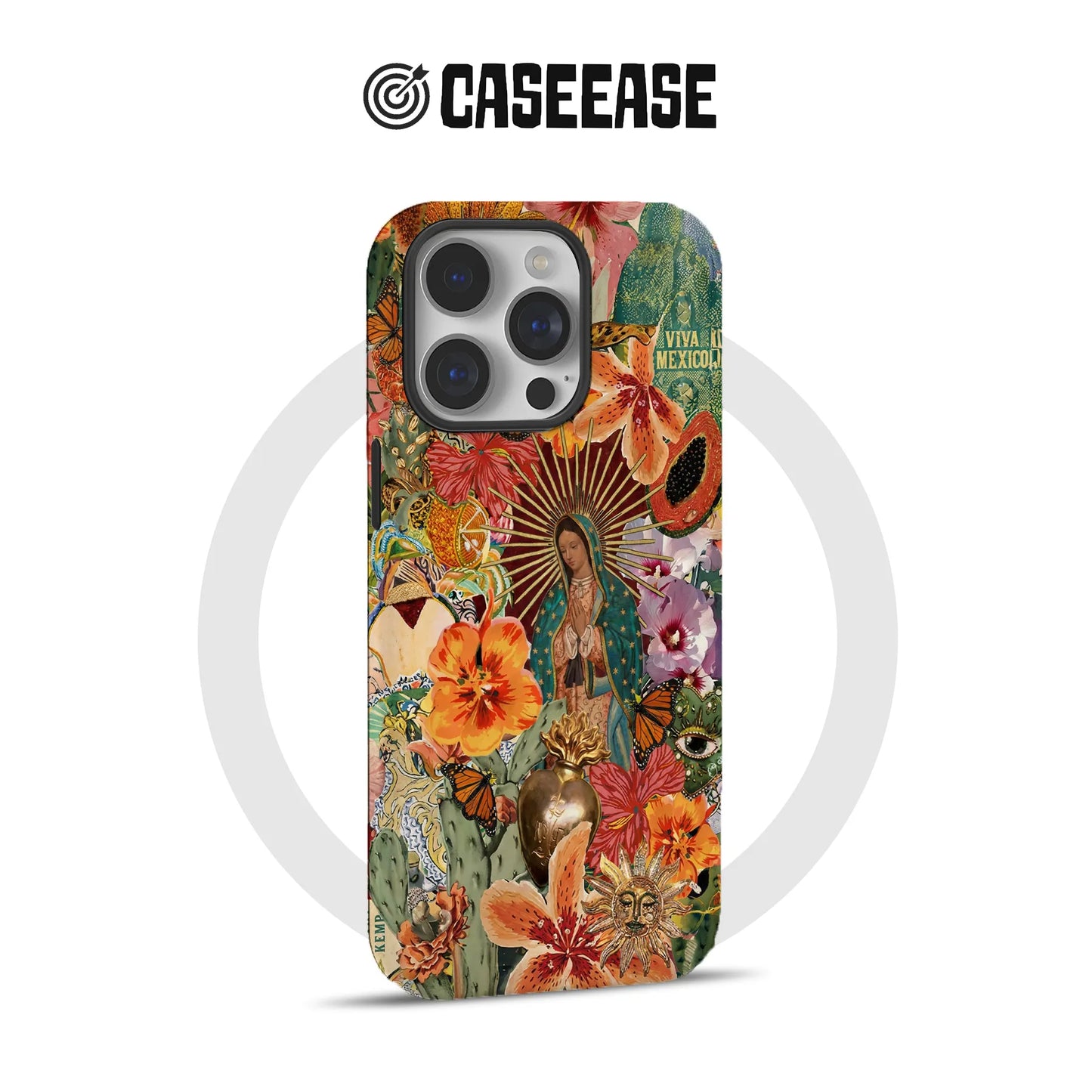 Funda para teléfono con flores vibrantes y la Virgen María