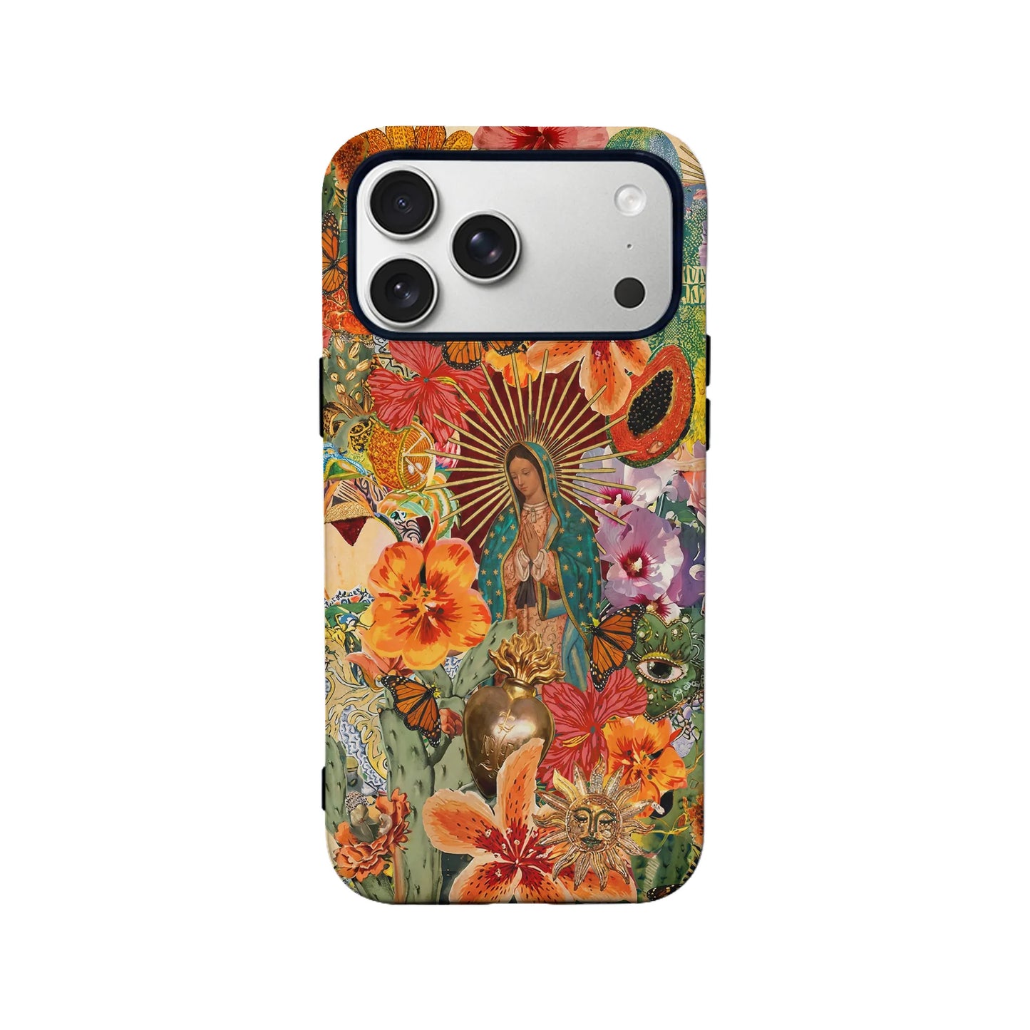 Funda para teléfono con flores vibrantes y la Virgen María